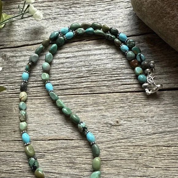 Bow Blue Green Turquoise Sterling Silver Pearls Bead Necklace. 18 Inch. Gift